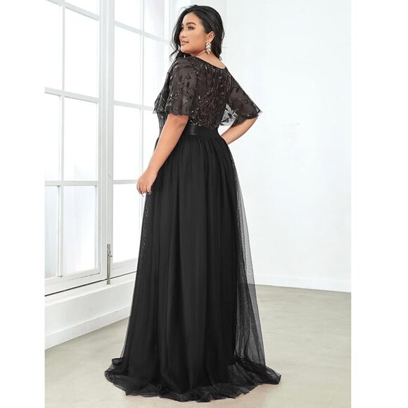 NWT Ever Pretty Black A-Line Tulle Sequin Flutter Sleeve Gown Long Formal Dress - Picture 10 of 11